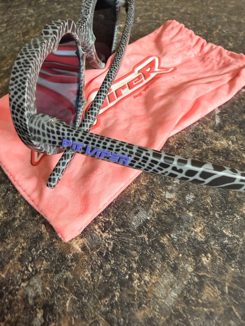 Heart-Shaped Blue Mirrored Sunglasses with Gray Snake-Print Frame - Picture 2 of 2